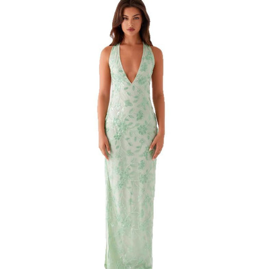 Damen Elegantes Langarmkleid mit floralem Spitzenüberzug und tiefem V-Ausschnitt EB