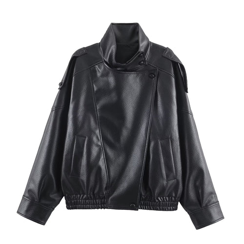 Damen Kunstlederjacke im modernen Design mit hochgeschlossenem Kragen und praktischen Taschen EB