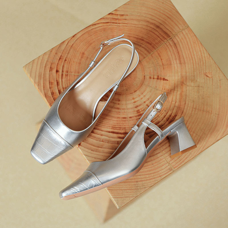 Damen Slingback-Pumps mit metallischem Obermaterial und edlem Blockabsatz EB