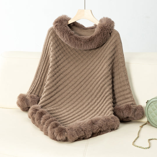 Damen kuschelige Strickdecke mit luxuriösem Kunstfellbesatz EB
