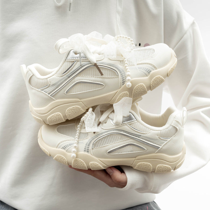 Damen Sportliche Sneakers mit dekorativen Perlenschnürsenkeln und atmungsaktiver Mesh-Oberfläche EB
