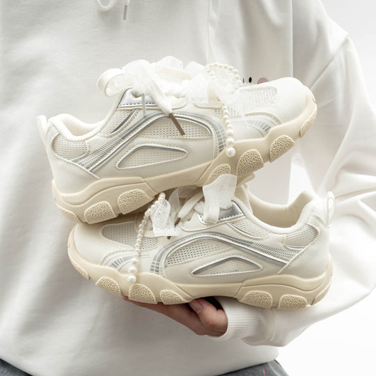 Damen Sportliche Sneakers mit dekorativen Perlenschnürsenkeln und atmungsaktiver Mesh-Oberfläche EB