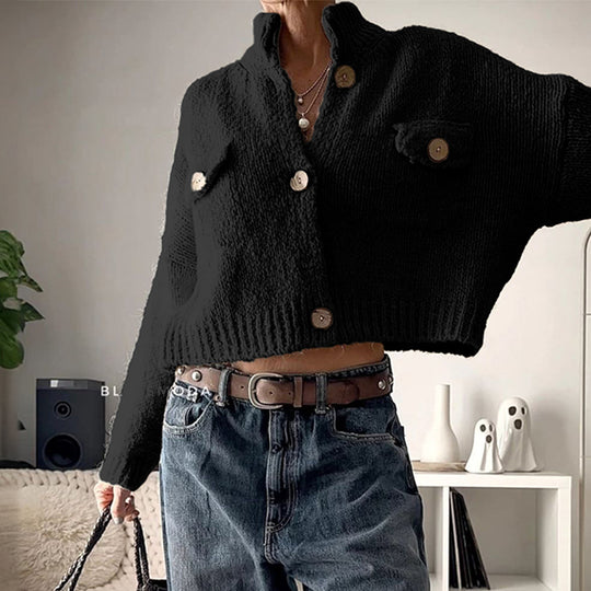 Damen nan kuschelige Strickjacke mit Holzknöpfen und Brustklappe EB