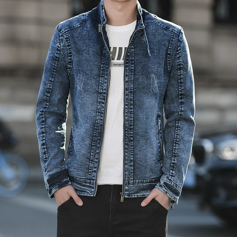 Herren Jeansjacke im Vintage-Washed Slim-Fit mit Stehkragen und Reißverschluss EB