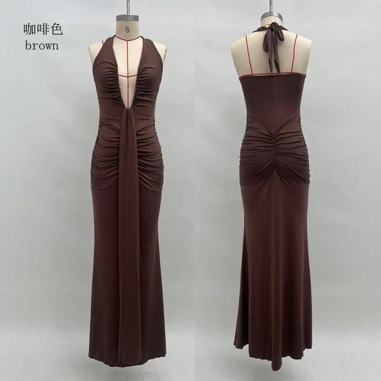 Damen Maxikleid mit tiefem V-Ausschnitt und elegantem Wickeldesign EB