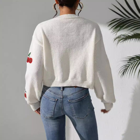 Damen Kurze Strickjacke mit fruchtiger Stickerei EB