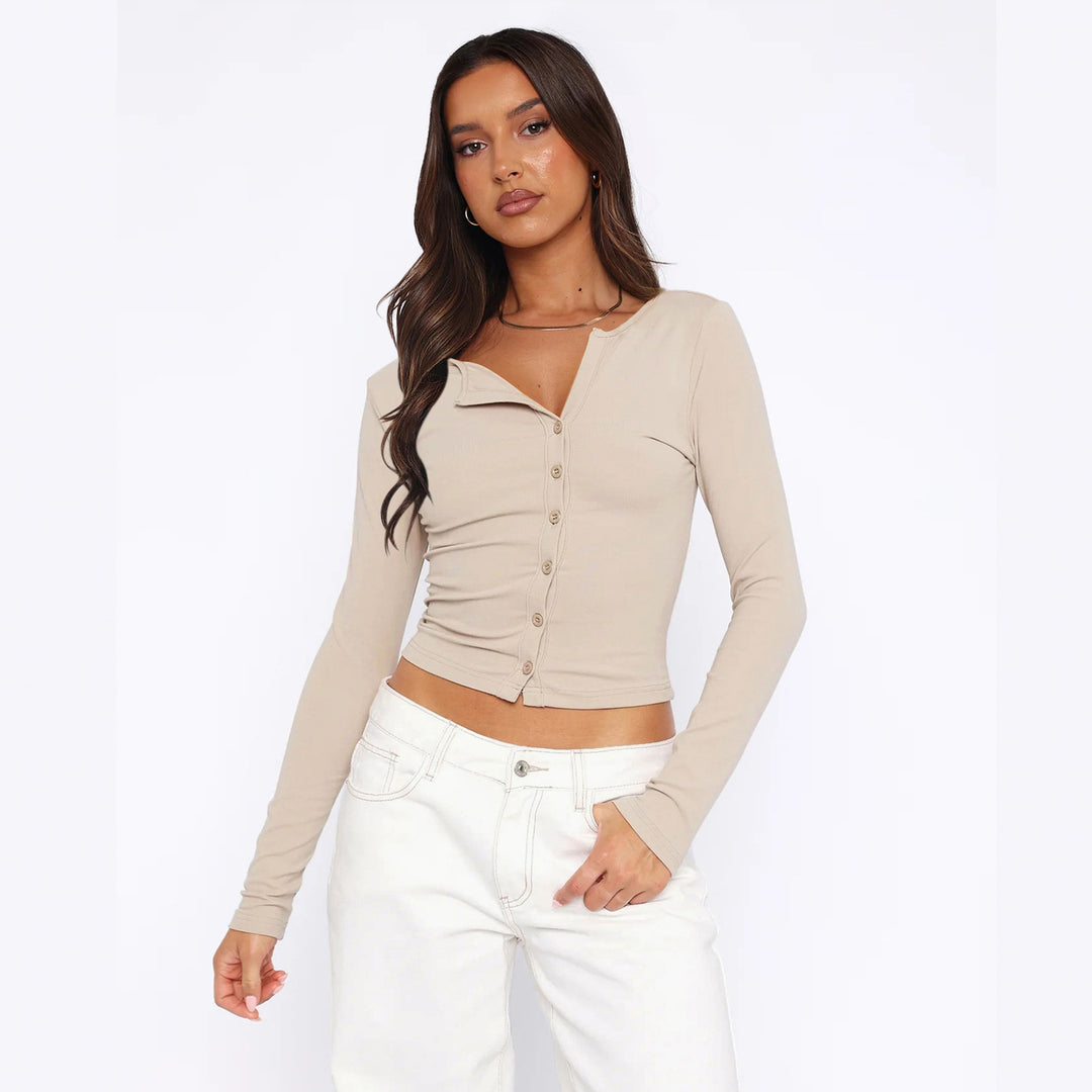 Damen figurbetontes Langarmshirt mit Knopfleiste EB