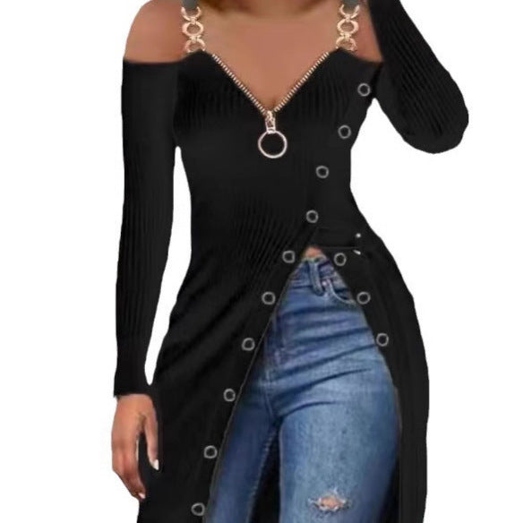 Damen Figurbetontes V-Ausschnitt Kleid mit Zipper und Schmuckdetails EB