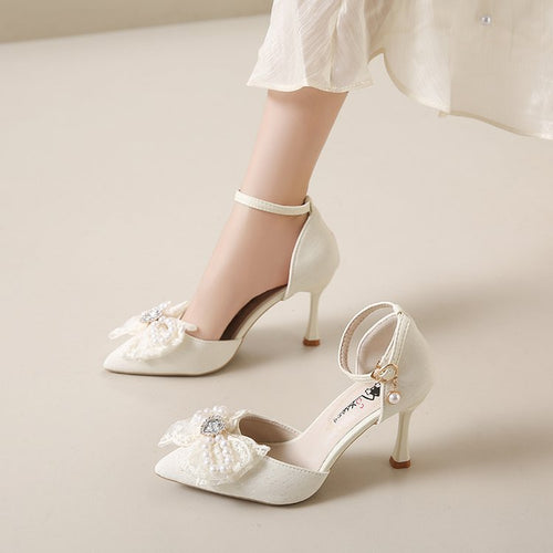 Damen elegante Mary Jane Pumps mit funkelndem Schleifen- und Perlenakzenten EB