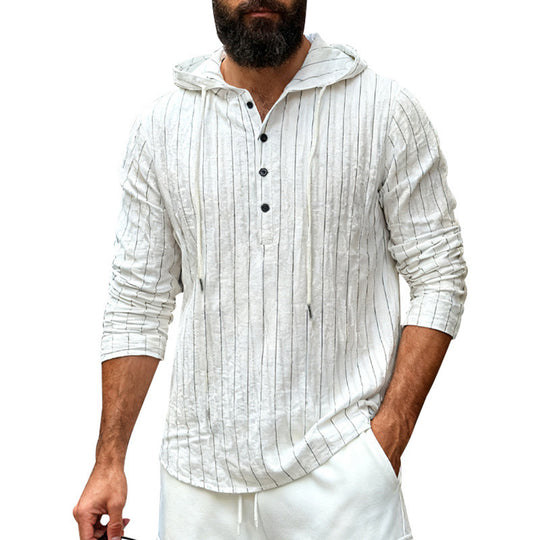 Herren nan Kapuzenshirt aus Leinenmix mit halber Knopfleiste und Nadelstreifen EB
