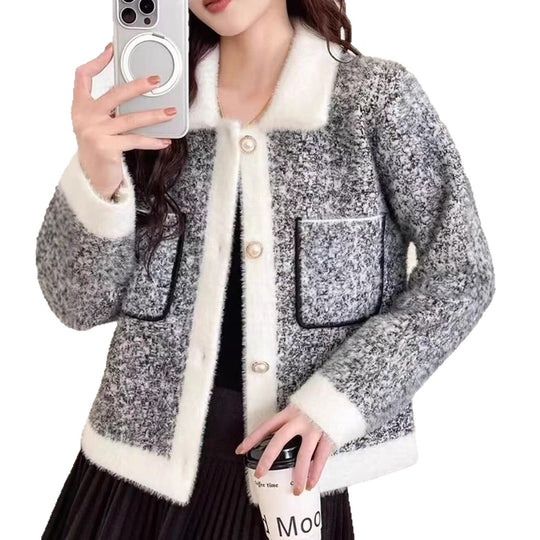 Damen Flauschige Strickjacke mit kontrastierenden Taschen und Kragen EB