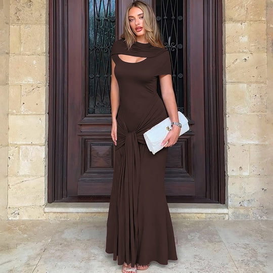 Damen Elegantes Langarm-Maxikleid mit raffiniertem Knotendesign EB