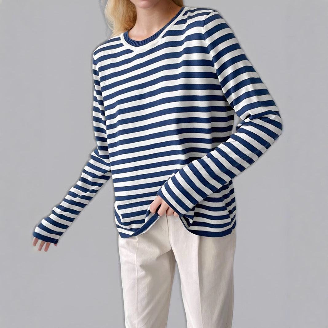 Damen gestreifter Langarmpullover mit Rundhalsausschnitt und lässigem Schnitt EB