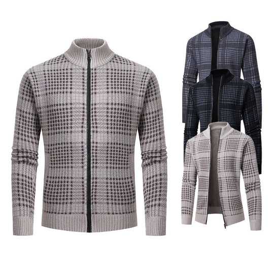 Herren modische Strickjacke mit hohem Kragen und stilvollem Karomuster EB