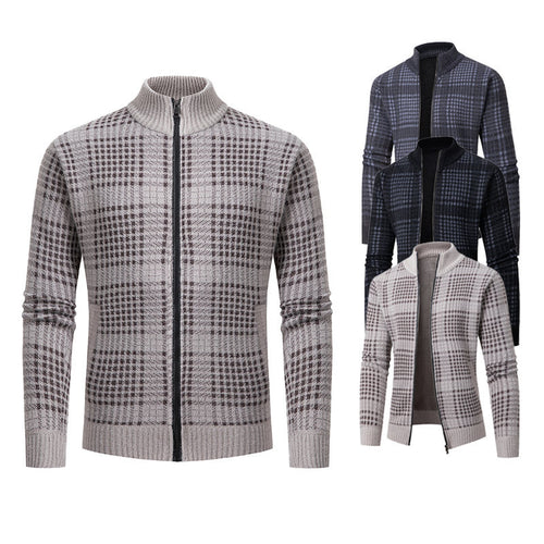 Herren modische Strickjacke mit hohem Kragen und stilvollem Karomuster EB