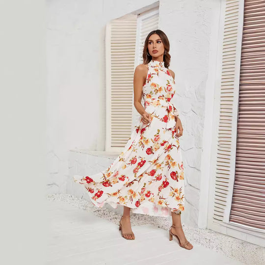 Damen Maxikleid mit hochgeschlossenem Design und floralem Gürtel EB