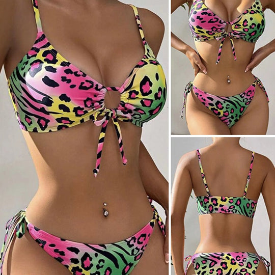 Damen Triangel-Bikini mit flippigem Tiermuster und verstellbaren Trägern EB