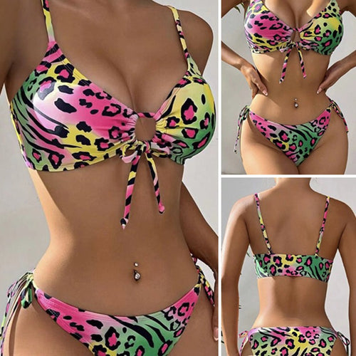 Damen Triangel-Bikini mit flippigem Tiermuster und verstellbaren Trägern EB