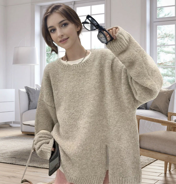 Damen lässiger Oversized-Pullover mit seitlichem Schlitzdesign EB