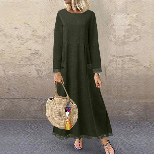Damen nan Maxikleid mit lockerem A‑Linien Schnitt, Rundhalsausschnitt, aufgesetzten Eingrifftaschen und zierlichem Spitzenbesatz EB