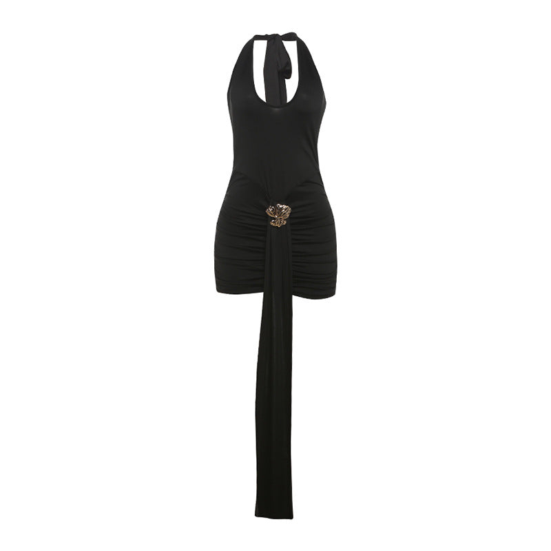 Damen Elegantes Mini-Kleid mit tiefem V-Ausschnitt und seitlichem Schal EB