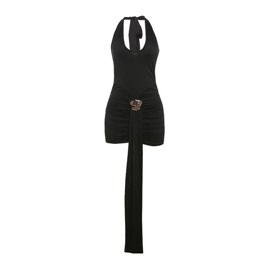 Damen Elegantes Mini-Kleid mit tiefem V-Ausschnitt und seitlichem Schal EB