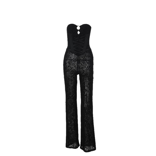 Damen eleganter Jumpsuit mit strukturierter Spitze und verführerischem Ausschnitt EB