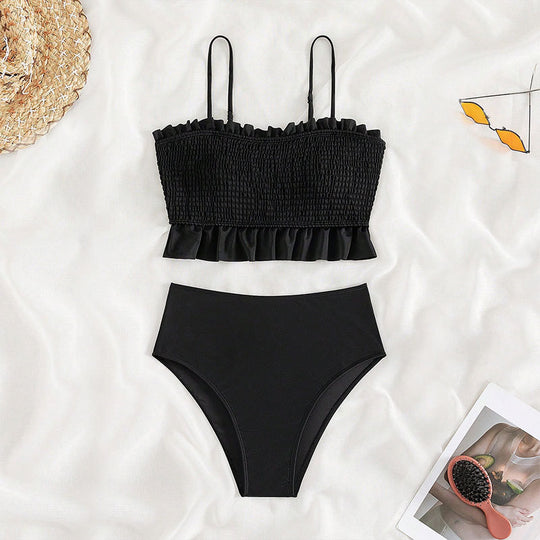 Damen Bikini-Set mit gerafftem Oberteil und hoch geschnittenem Unterteil EB