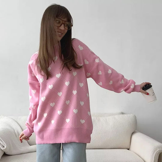 Damen Gemusterter Strickpullover mit Herzmotiv und lässigem Schnitt EB