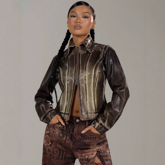 Damen modische Jacke mit strukturiertem Design und praktischen Reißverschluss EB