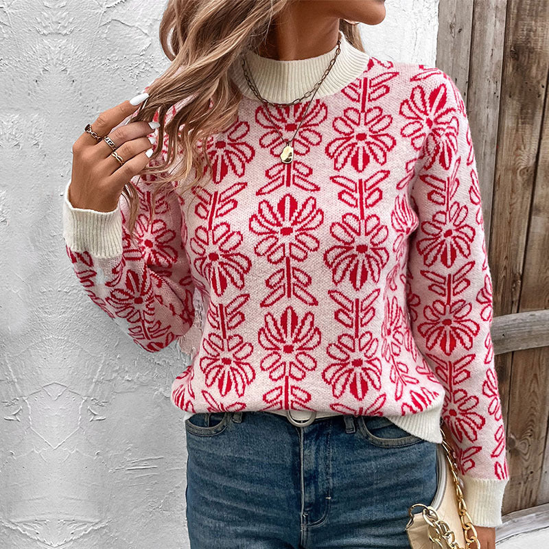 Damen Strickpullover mit floralen Mustern und elegantem Stehkragen EB