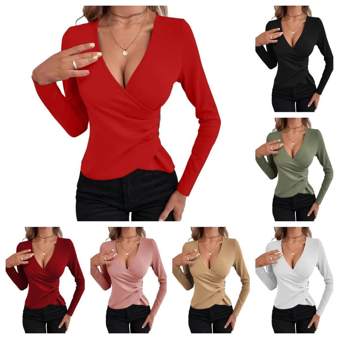 Damen Wickelshirt mit Knopfdetails und tiefem V-Ausschnitt EB