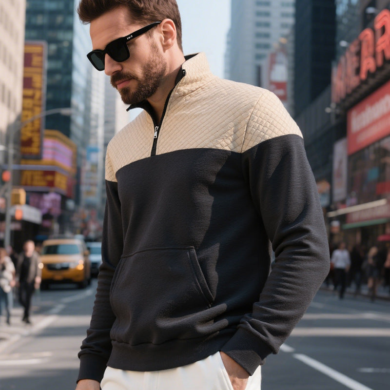 Herren Colorblock-Halbzip-Sweatshirt mit gesteppter Brustpartie, Kängurutasche und elastischen Bündchen EB