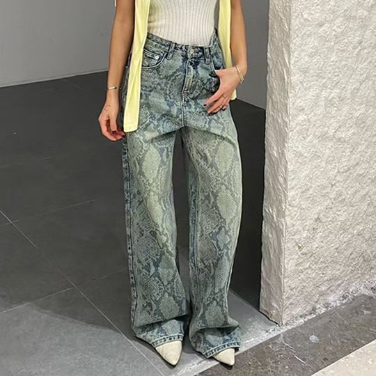 Damen nan hochgeschnittene Jeans mit Schlangenprint, weitem Bein und geradem Schnitt EB