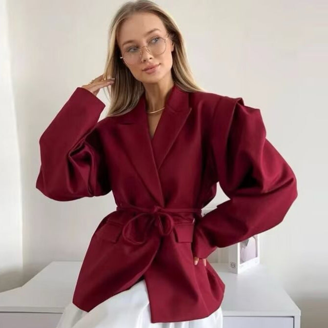 Damen nan taillierter Blazer mit Bindegürtel, Reverskragen und Schulterpolstern EB