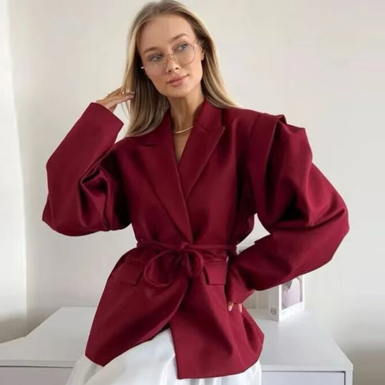 Damen nan taillierter Blazer mit Bindegürtel, Reverskragen und Schulterpolstern EB