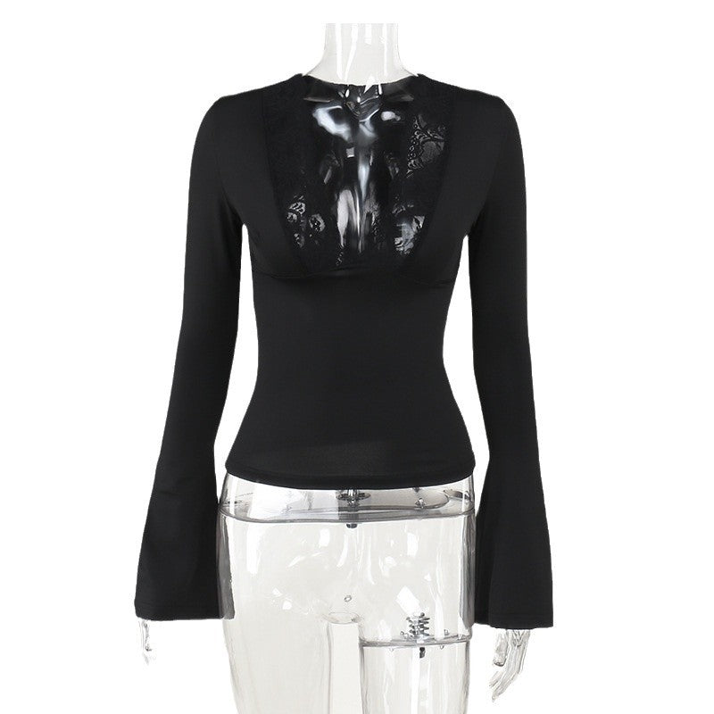 Damen elegant geschnittenes Langarmtop mit Spitzenbesatz EB