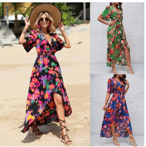 Damen Elegantes Maxi Kleid mit floralen Mustern und Taillengürtel EB
