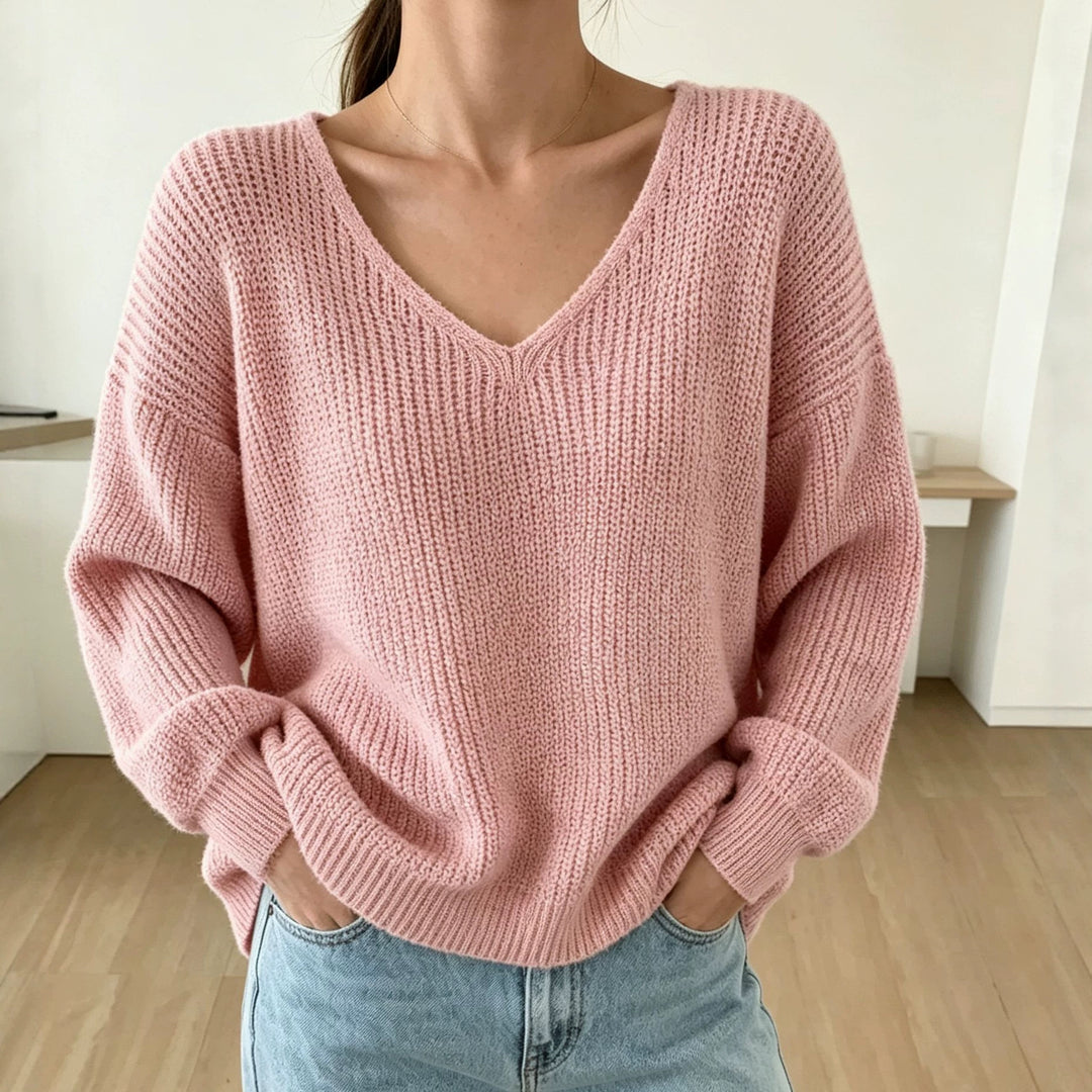 Damen Lässiger Boxy-Grobstrickpullover mit V-Ausschnitt und gerippten Bündchen EB