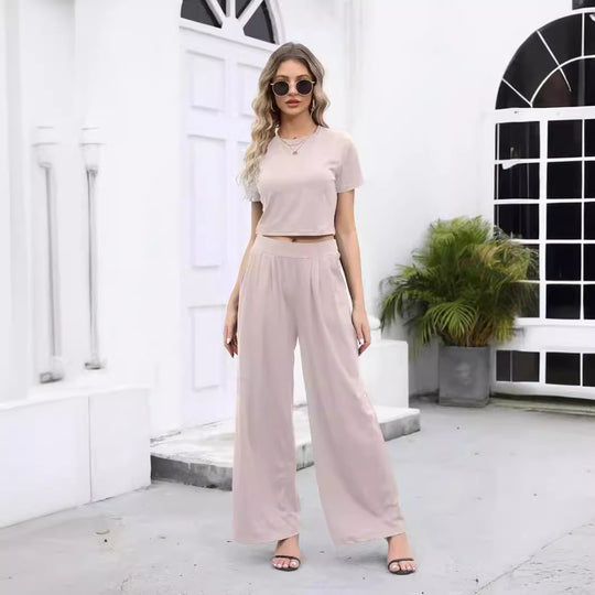 Damen Lässiges Zweiteiler-Set mit kürzem T-Shirt und weiten Pants EB