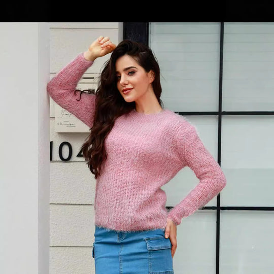 Damen weicher Strickpullover mit lässigem Schnitt und strukturiertem Material EB