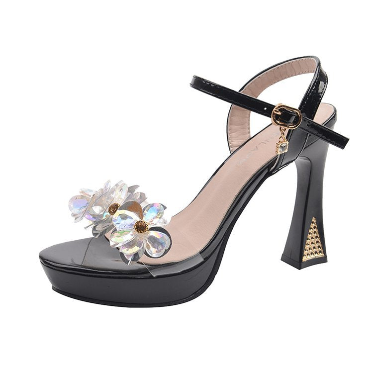 Damen elegante High Heel Sandalen mit blumigen Strassverzierungen EB