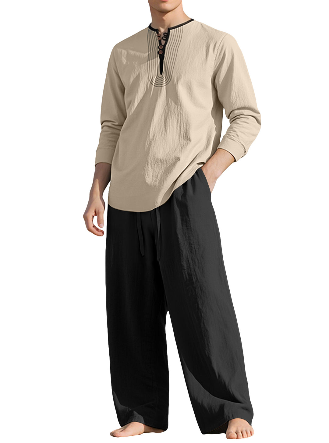 Herren nan Tunika- und Palazzohose-Set mit Henley-Blende, Zierstickerei und weitem Schnitt EB