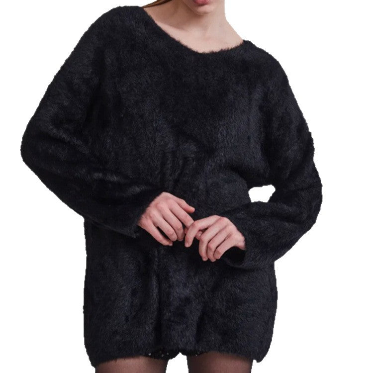 Damen Oversize-Flauschpullover mit V-Ausschnitt und Teddy-Optik EB