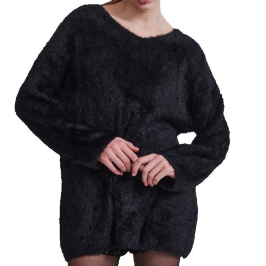 Damen Oversize-Flauschpullover mit V-Ausschnitt und Teddy-Optik EB