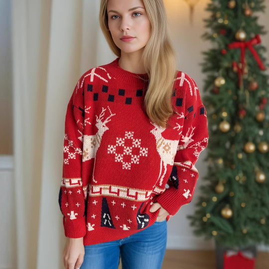 Damen gemusterter Weihnachtspullover mit festlichem Rentierdesign und Oversize-Schnitt EB
