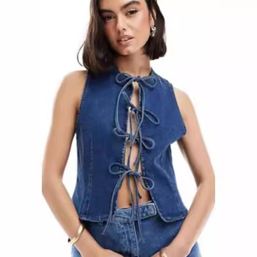 Damen Denim Bustier-Top mit verspieltem Schnürdetail EB