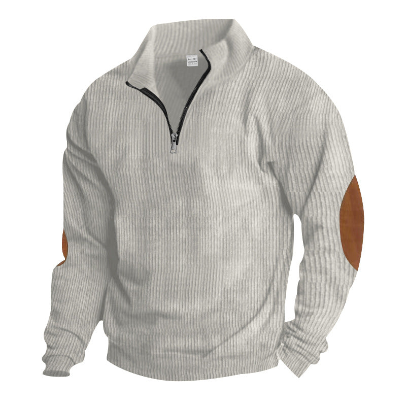 Herren nan gerippter Feinstrick-Pullover mit kurzem Reißverschluss Stehkragen und Lederoptik-Ellbogenpatches EB