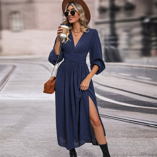 Damen Maxikleid mit V-Ausschnitt und langen Ärmeln EB