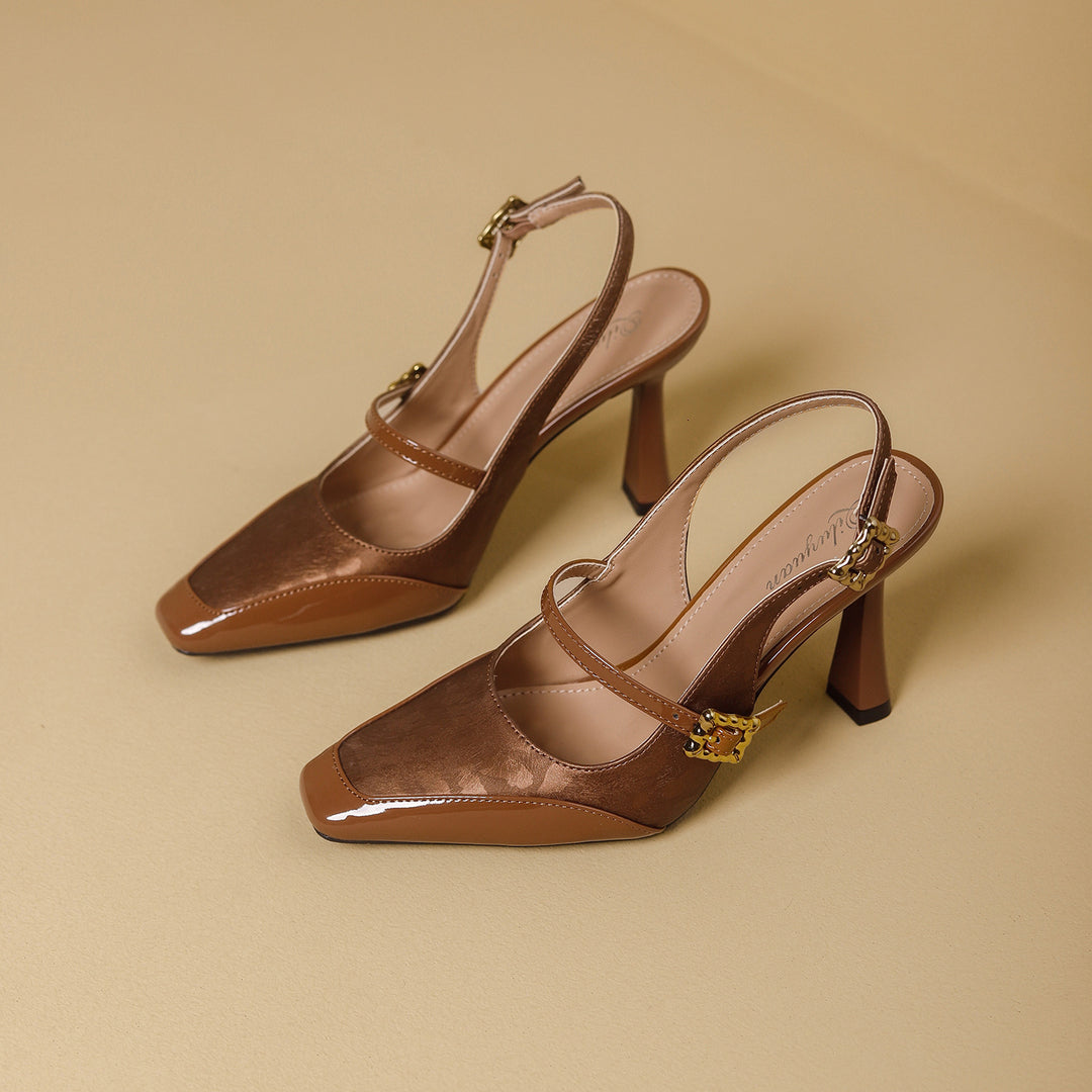 Damen Slingback-Pumps mit eleganter Quadratischer Spitze und glänzendem Riemendesign EB